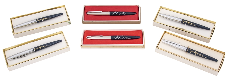 Lot of (6) Lyndon Baines Johnson and Richard Nixon Presidential Pens Including Ones Used to Sign Documents from White House Barber Steve Martinis Collection (Martini Family LOA) 